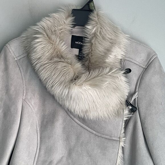 Moda International Faux Fur Suede Jacket  Size L Gray Polyester Stylish & Warm - Picture 3 of 14